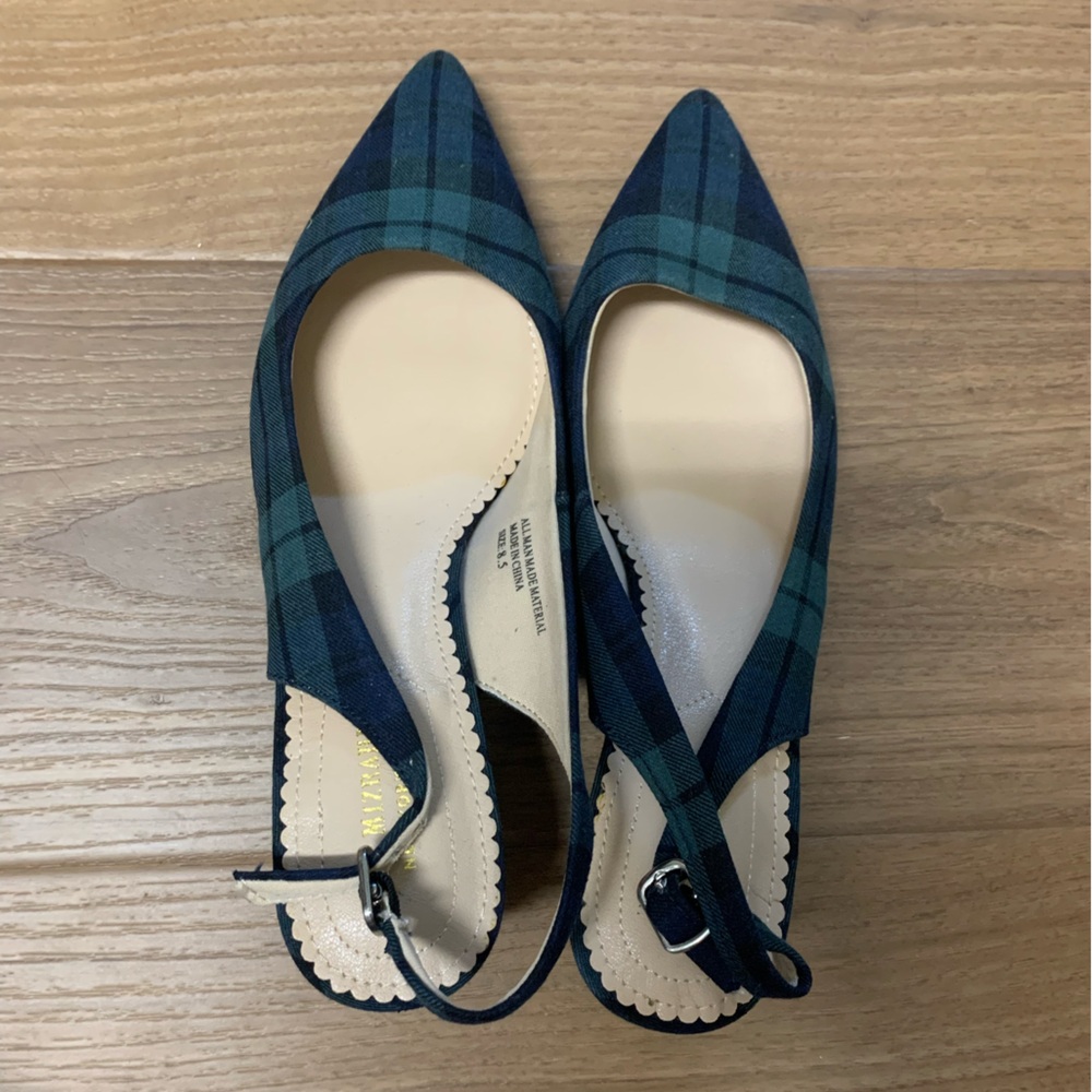 Pointed Toe Green Plaid Slingback kitten heels